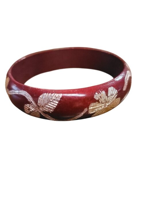 Handmade Jewelry - Handmade Vintage Red Floral Bangle Bracelet With Gold Detailing Size 8